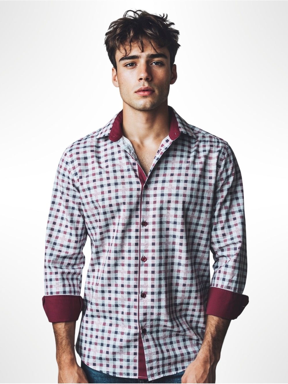 Suslo Couture Geometric Plaid Long Sleeve Button Down Shirt